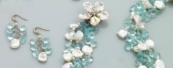 Appraisal: Aquamarine and Keshi Pearl Necklace and Earrings Designed as a