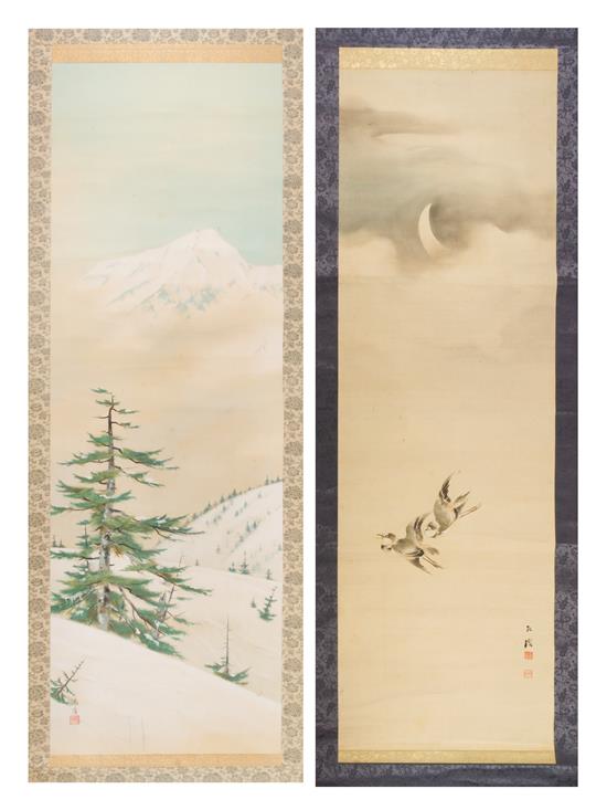 Appraisal: Sale Lot Two Japanese Ink and Color Scroll Paintings on