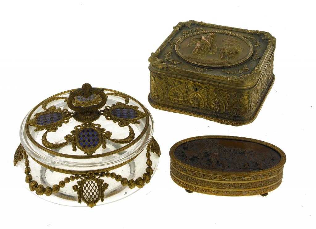 Appraisal: TWO PALAIS ROYAL GILTMETAL JEWEL BOXES inset with electrotype plaques