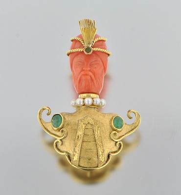 Appraisal: A Nardi Style Carved Coral Emerald and Pearl Brooch Carved