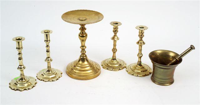 Appraisal: PAIR OF BRASS CANDLESTICKS each with scalloped circular base and