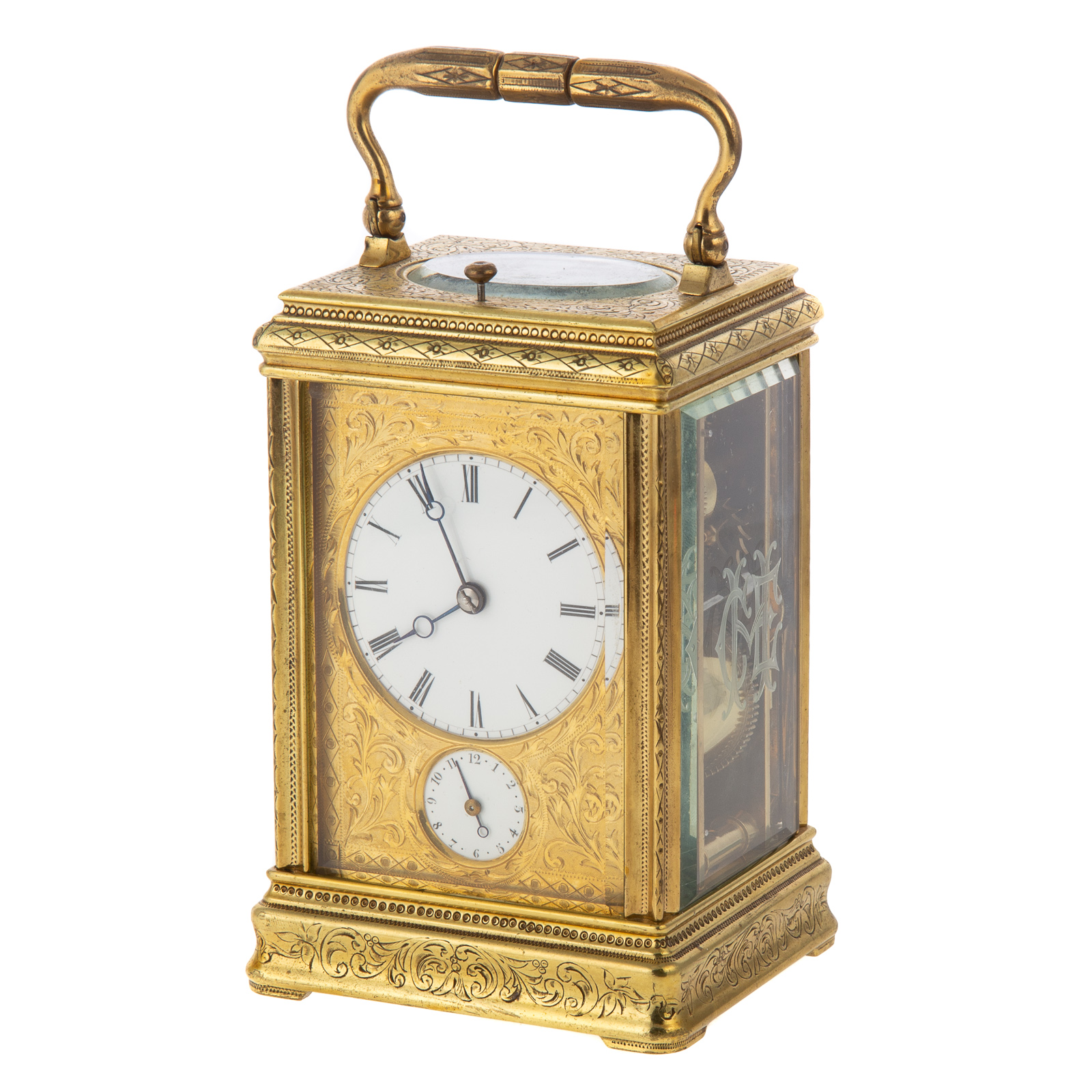 Appraisal: CONTINENTAL BRASS BEVELED GLASS CARRIAGE CLOCK Late th century etched