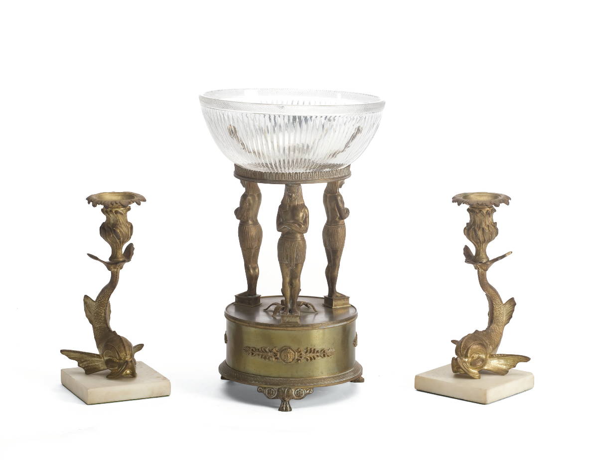 Appraisal: CONTINENTAL GILT METAL MARBLE AND CUT-GLASS GARNITURE SET Comprising a