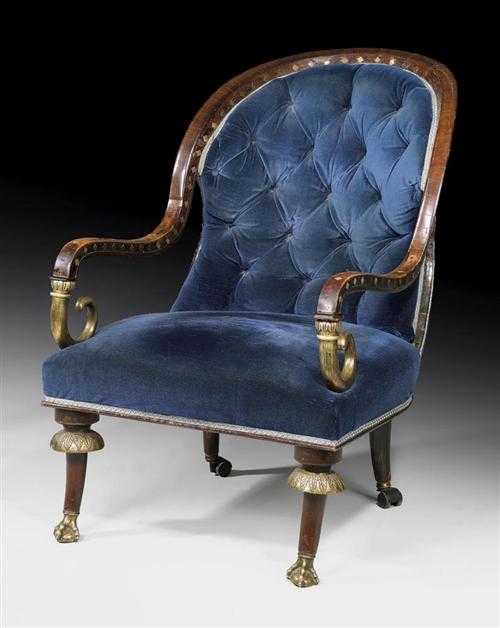 Appraisal: LARGE ARMCHAIR Restauration Russia circa Shaped mahogany finely inlaid with