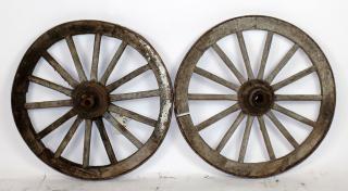 Appraisal: Lot of antique wood iron wagon wheels Lot of antique