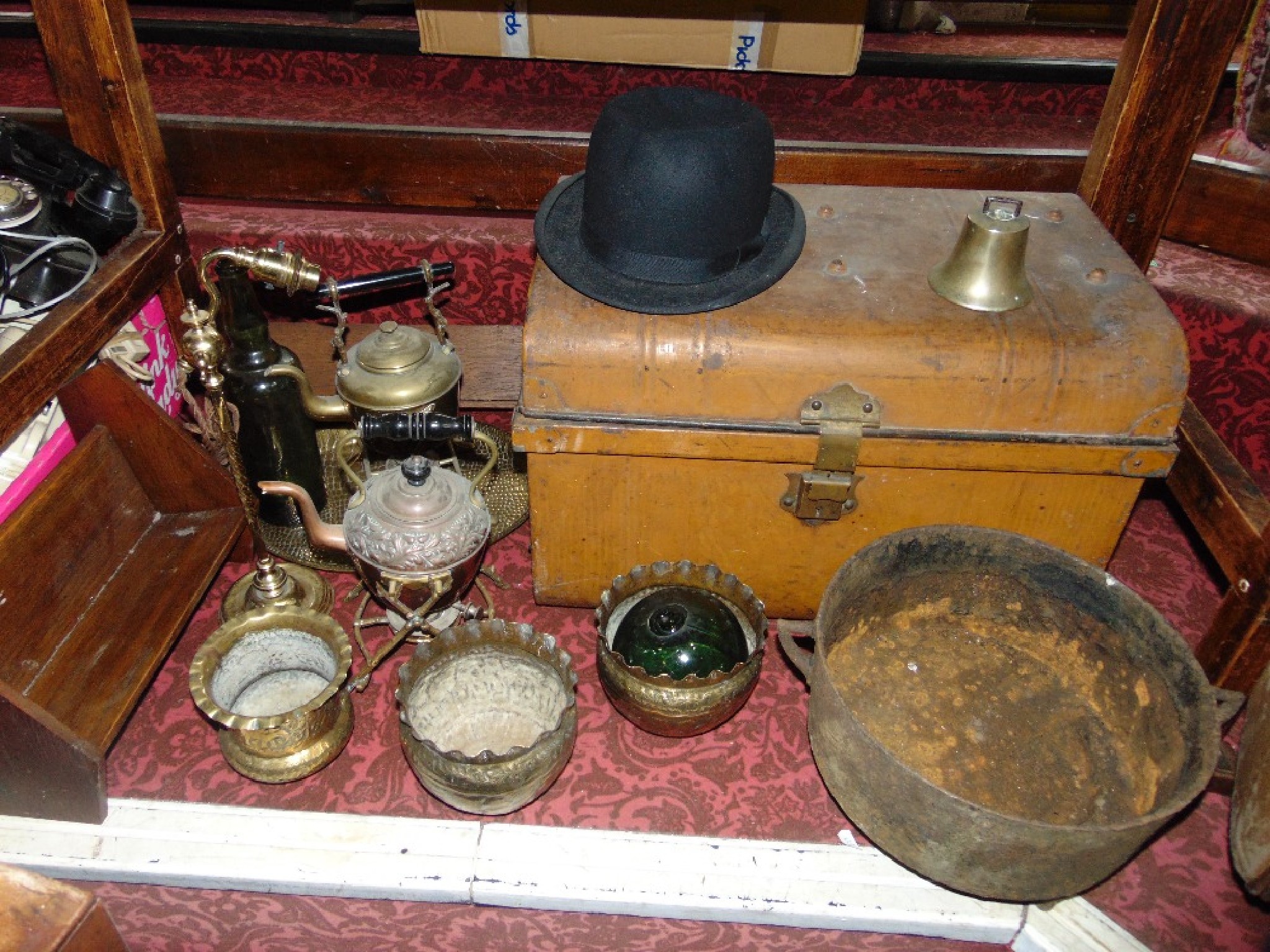 Appraisal: An antique tin trunk with hinged domed lid with painted