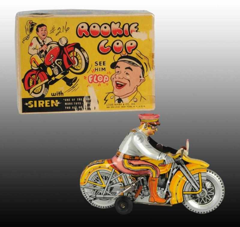 Appraisal: Tin Marx Rookie Cop Motorcycle Wind-Up Toy Description American Working