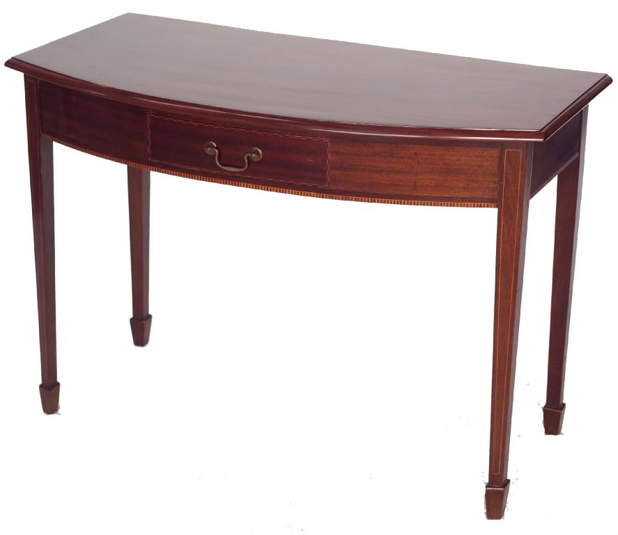 Appraisal: GEORGE III STYLE INLAID MAHOGANY BOW-FRONTED SIDE TABLE the string-inlaid