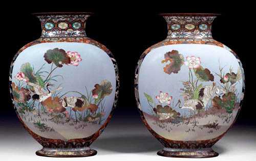 Appraisal: PAIR OF LARGE CLOISONN VASES Japan Meiji Period H cm