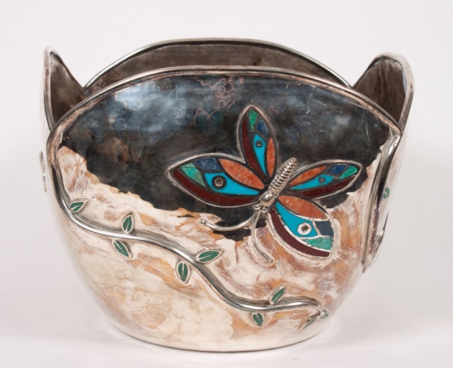 Appraisal: Mexican silver-plated jardiniere colored stone mounted leaf butterfly decoration in