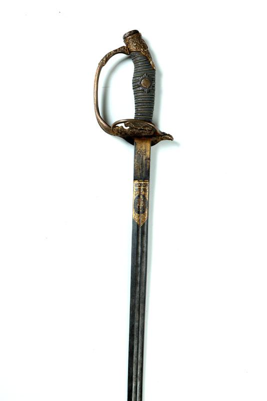 Appraisal: SWORD German th century Damascus blade with gilding marked Eisenhauer