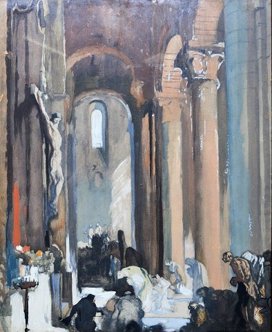 Appraisal: Frank Brangwyn British - Bruges Cathedral interior partially monogrammed lower