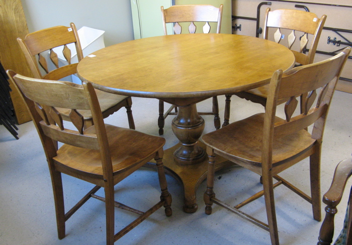 Appraisal: ROUND DINING TABLE SIX CHAIRS LEAVES American mid th century