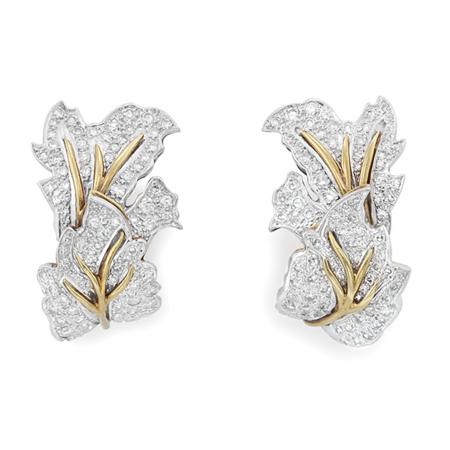 Appraisal: Pair of Two-Color Gold and Diamond Leaf Earclips Estimate -