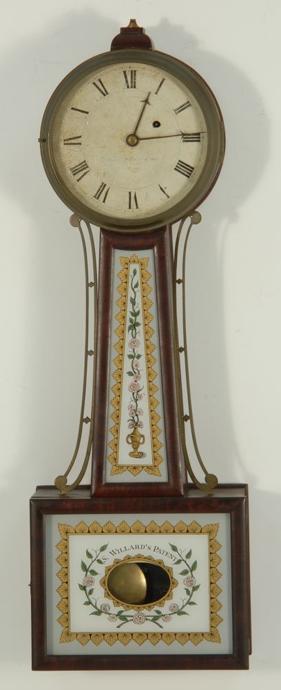 Appraisal: ANTIQUE AMERICAN SIMON WILLARD BANJO CLOCK Early th CenturyWith painted