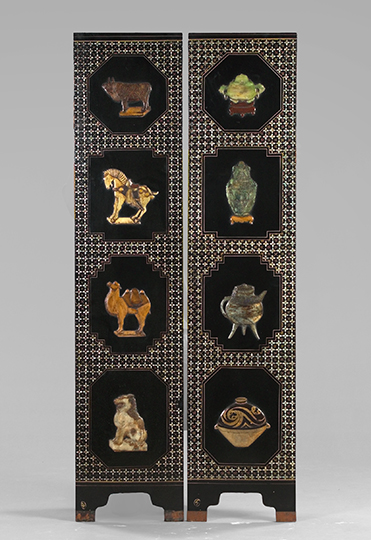 Appraisal: Chinese Black Lacquered and Mother-of-Pearl-Inlaid Two-Panel Room Divider each panel