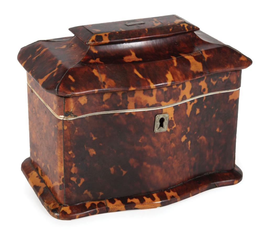 Appraisal: George III Serpentine Front Tortoiseshell Tea Caddy th c interior