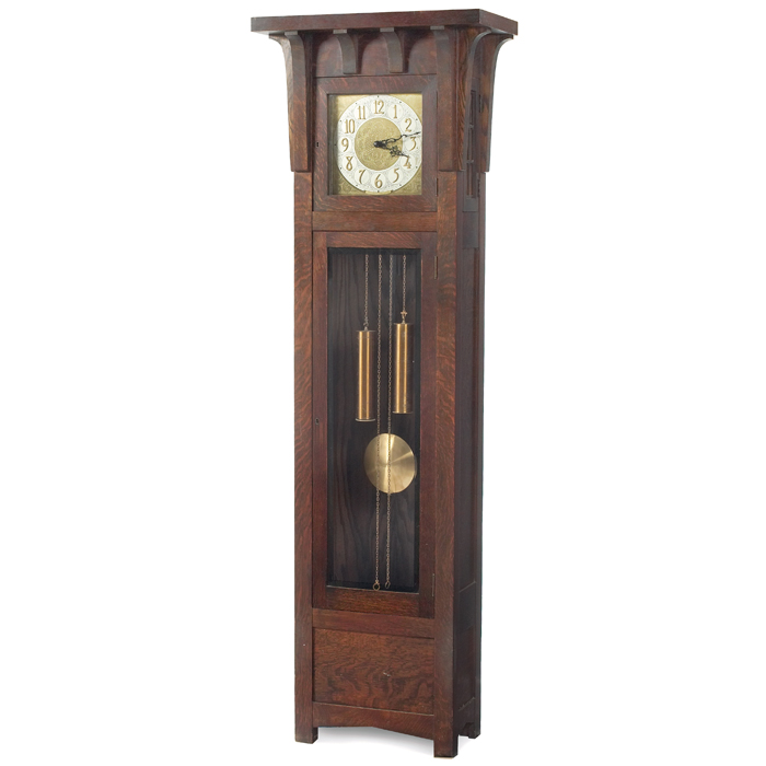 Appraisal: Colonial tall-case clock heavy corbel supports at top paneled sides