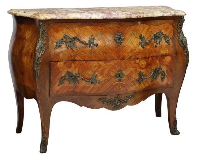 Appraisal: French Louis XV style marble-top bombe commode late thc the