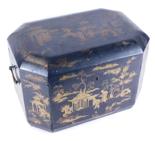 Appraisal: A thC chinoiserie black lacquer casket of canted rectangular form