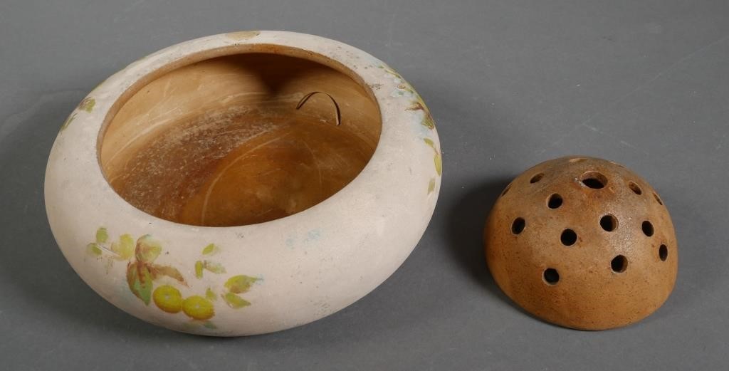 Appraisal: A flower bowl with center frog decorated with oranges Measures