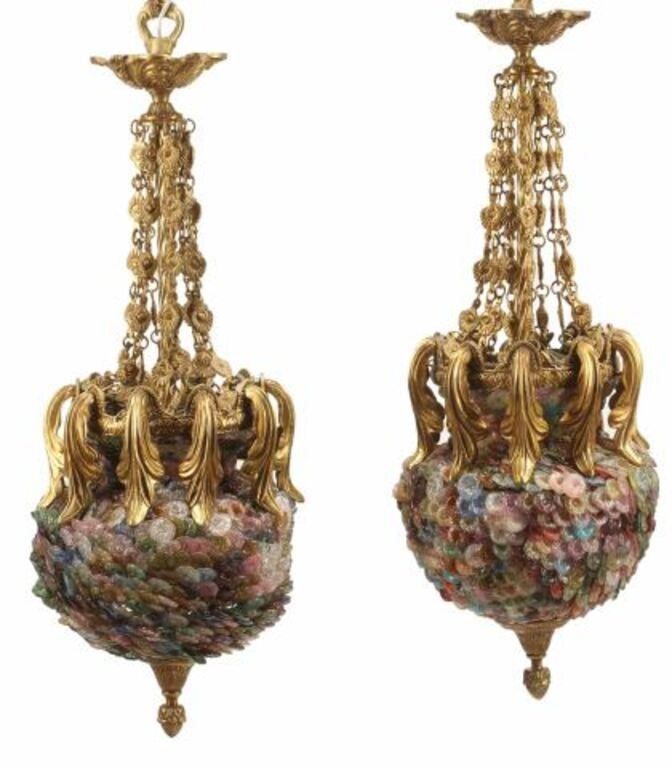 Appraisal: pair Bronze dore and colored crystal lanterns in need of