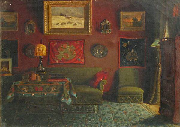 Appraisal: Continental School A sitting room interior unsigned oil on canvas