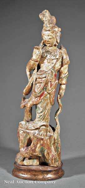 Appraisal: An Antique Chinese Polychrome Painted Carved Wood Figure of Guanyin