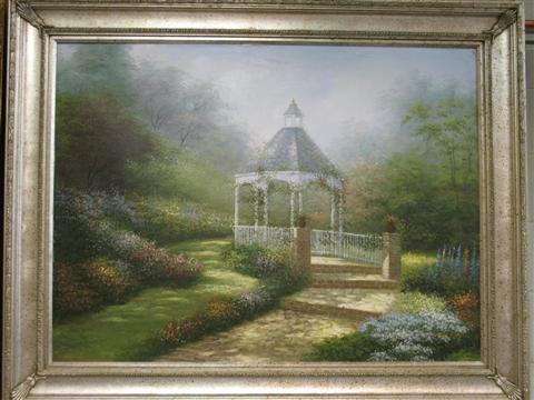 Appraisal: GAZEBO IN ROSE GARDEN Oil on canvas x in sight