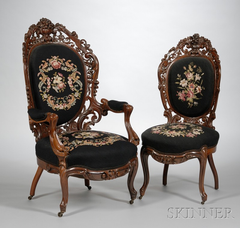 Appraisal: Two Belter-type Victorian Rococo Revival Needlepoint Upholstered Carved Rosewood Laminated