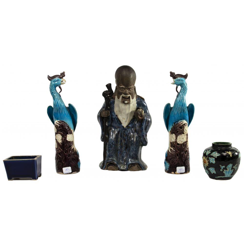 Appraisal: CHINESE GLAZED CERAMIC ASSORTMENT items including Shou deity having blue