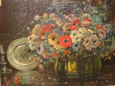 Appraisal: KERSHAW SCHOFIELD Still Life with Flowers Pewter Plate and Candlestick