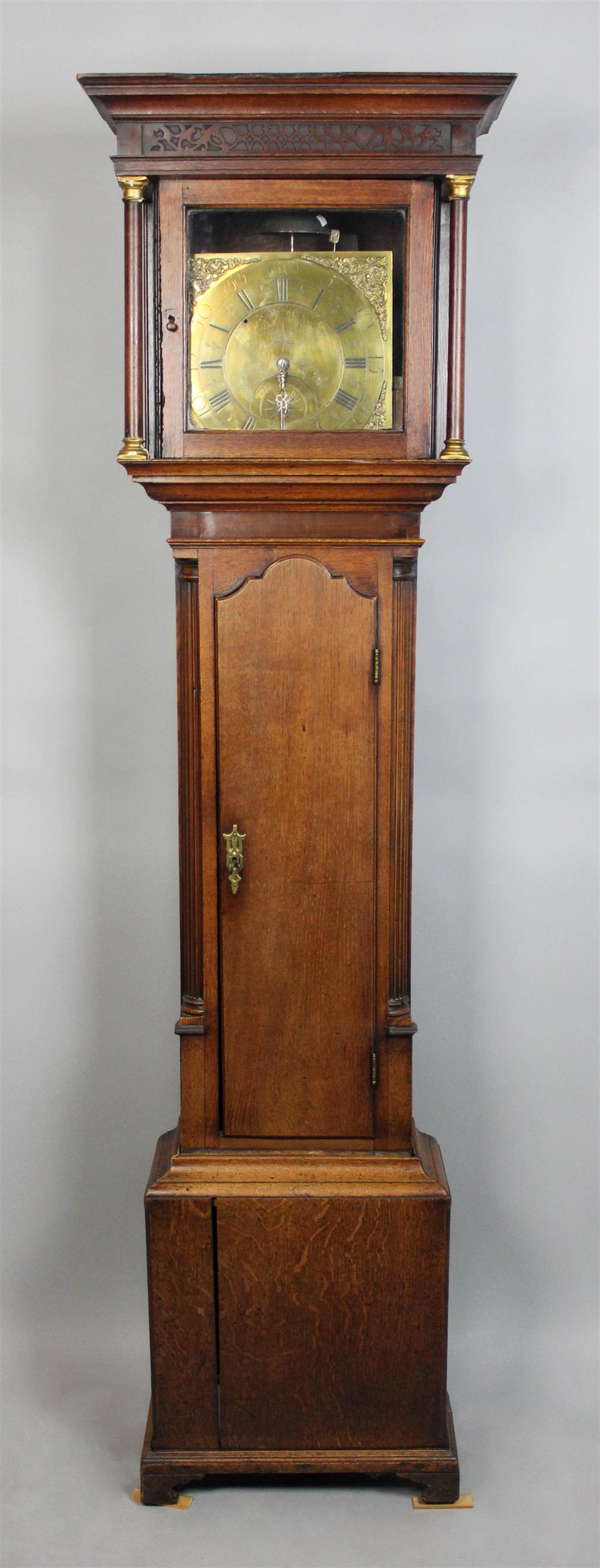 Appraisal: GEORGIAN OAK TALL CASE CLOCK the hood with a molded