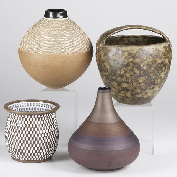 Appraisal: STUDIO POTTERY Four pieces include Andrew Quient bulbous jardinere Hiroshi