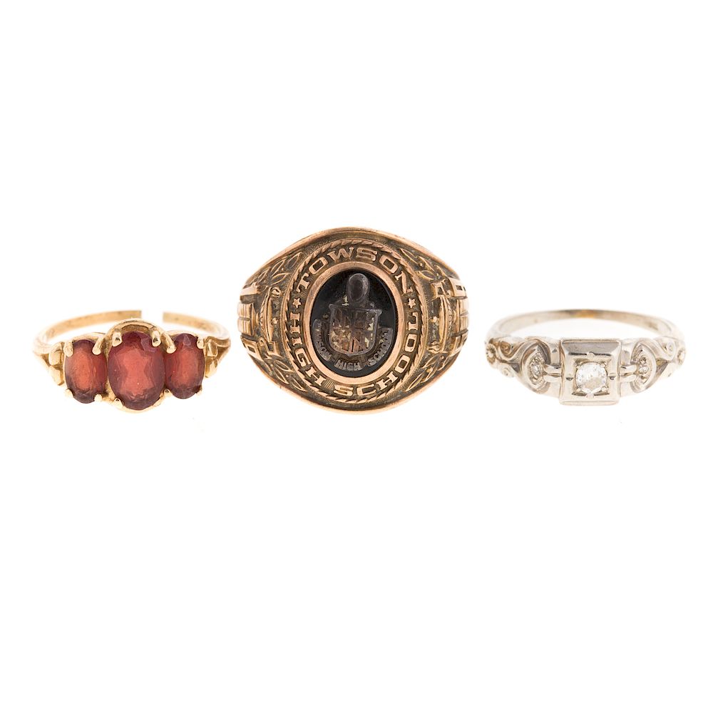 Appraisal: A Trio of Ladies Gemstone Diamond Rings in Gold K