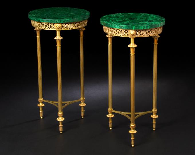 Appraisal: Pair of Empire-Style Gilt-Metal and Malachite Occasional Tables each with