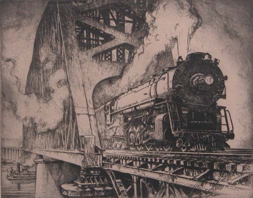 Appraisal: Locomotive on Bridge Etching on Paper Kuhler Otto x inches