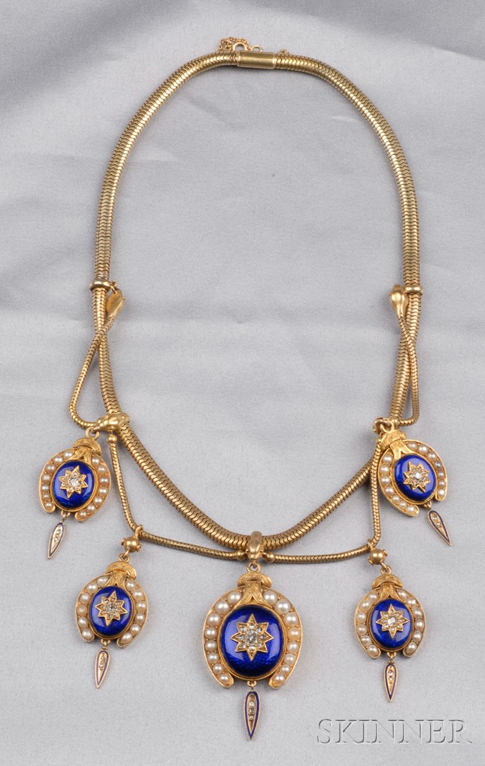 Appraisal: Victorian kt Gold Blue Enamel Diamond and Split Pearl Necklace