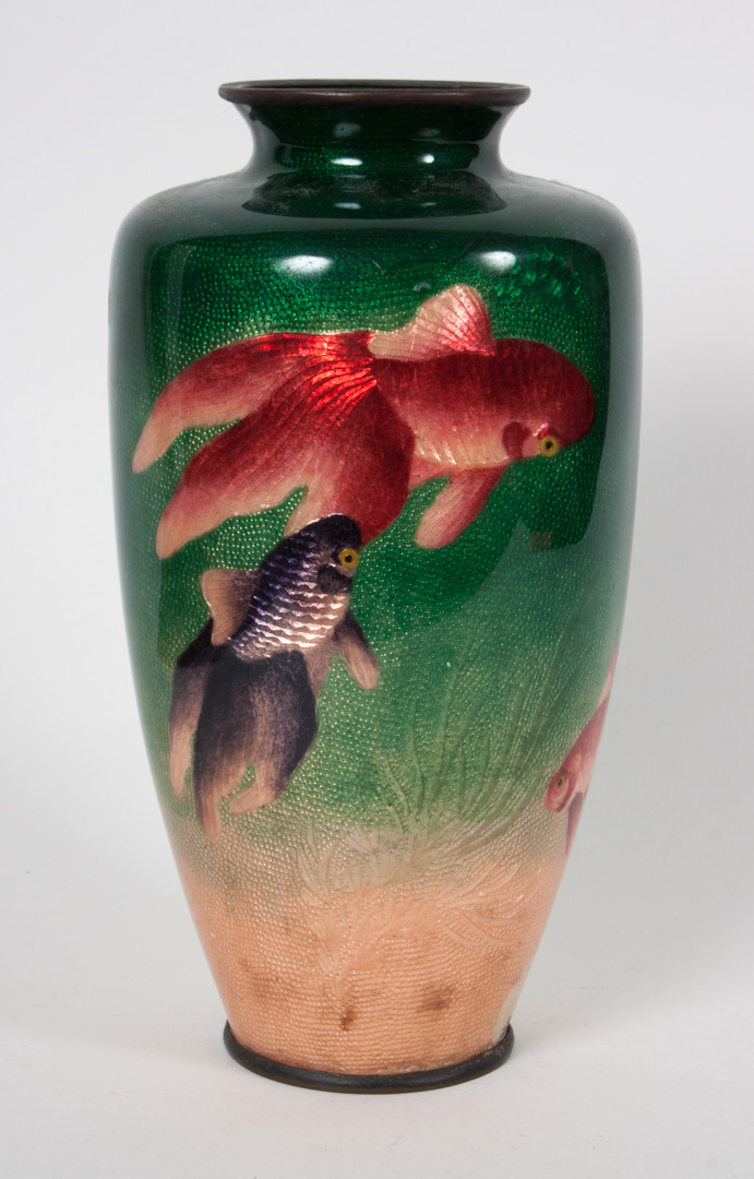 Appraisal: Japanese ginbari cloisonne enamel vase circa with carp decoration in