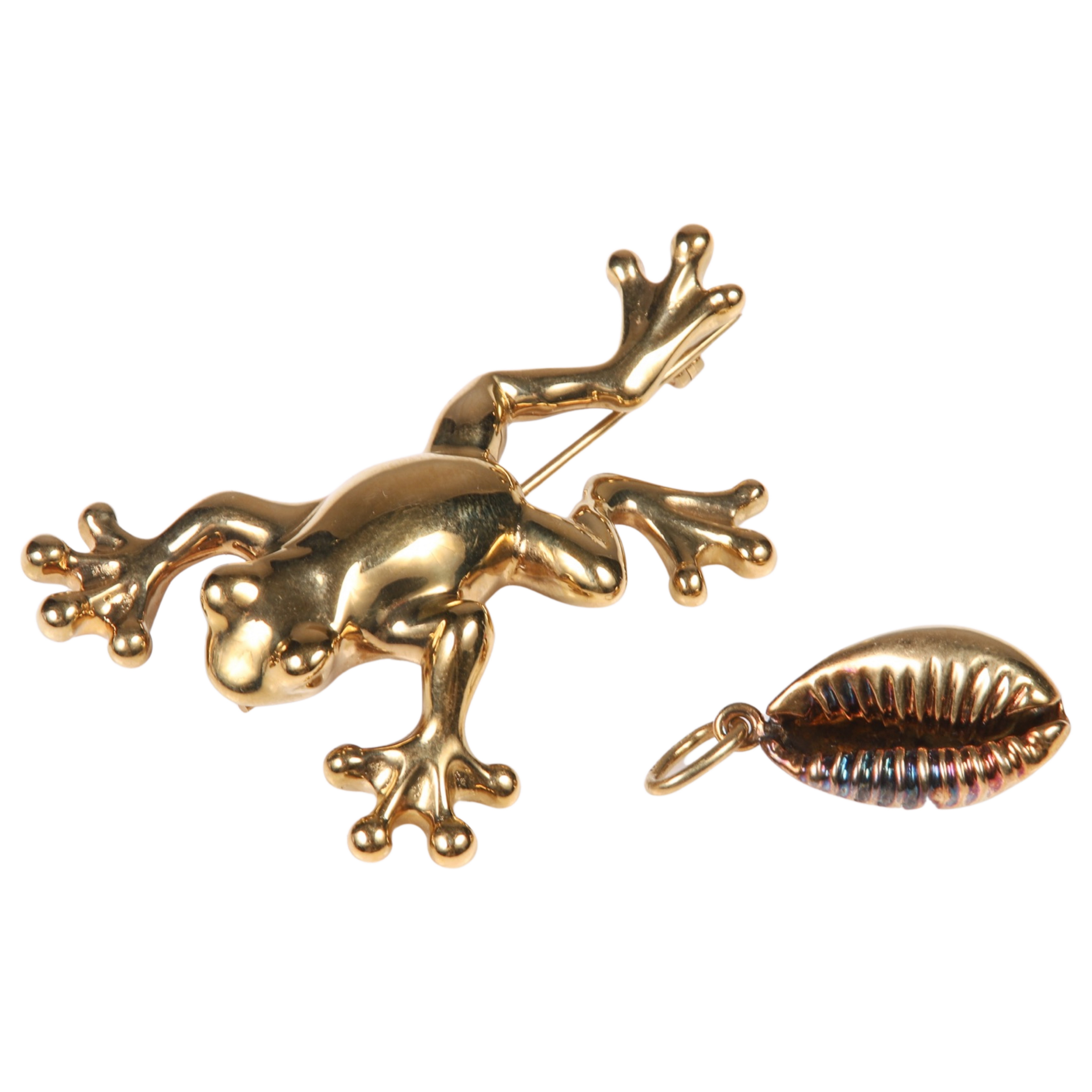 Appraisal: K frog brooch and cowrie shell pendant DWT frog stamped