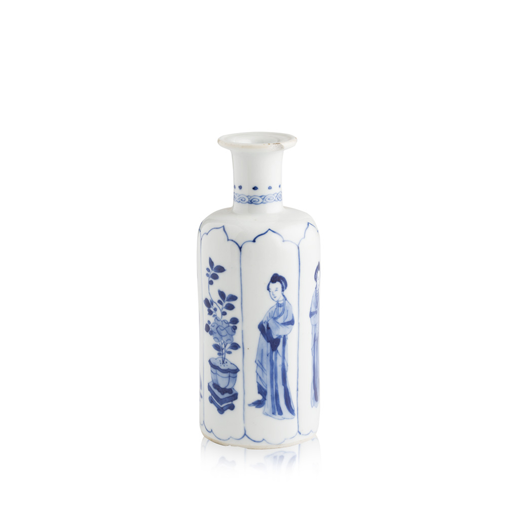 Appraisal: SMALL BLUE WHITE 'LONG-ELIZA' BOTTLE VASE KANGXI PERIOD the lobed