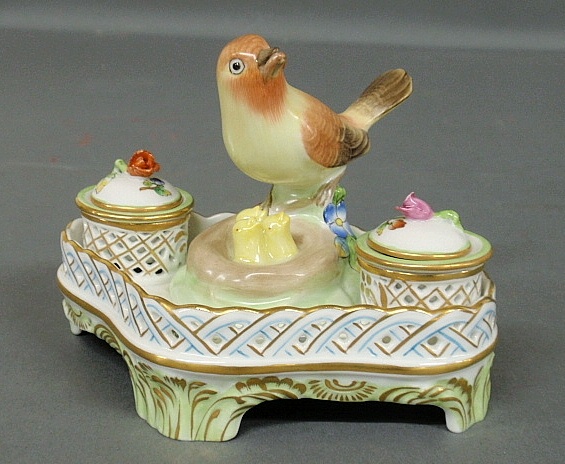 Appraisal: - Hand-painted Herend porcelain inkstand with bird and nest of