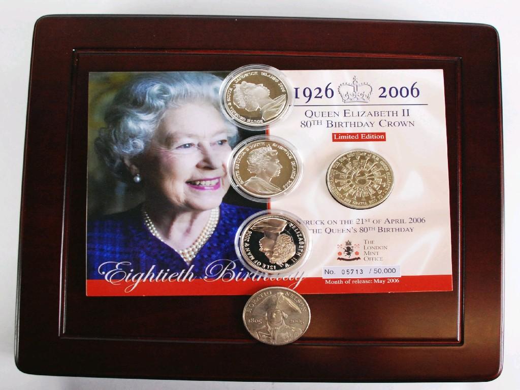 Appraisal: THREE MODERN PROBABLY SILVER PROOF CROWN COINS to commemorate Queen