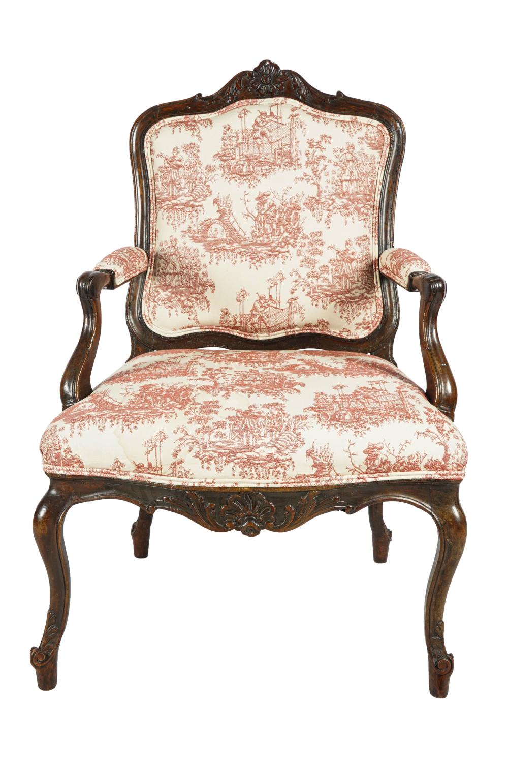 Appraisal: LOUIS XV PROVINCIAL-STYLE FAUTEUILwith red toile upholstery Condition a stain