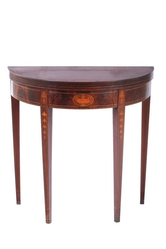 Appraisal: NEOCLASSICAL STYLE INLAID MAHOGONY DEMI-LUNE CONSOLE Late th century Fold-over