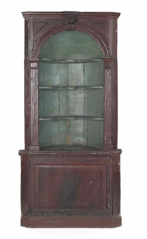 Appraisal: George III painted pine three-part barrel back corner cupboard ca