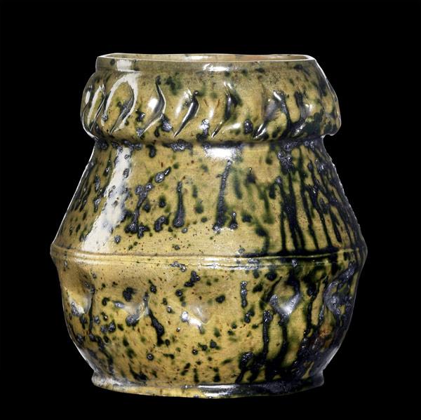 Appraisal: GEORGE OHRDimpled vase in speckled gunmetal amber and green glazeRestoration