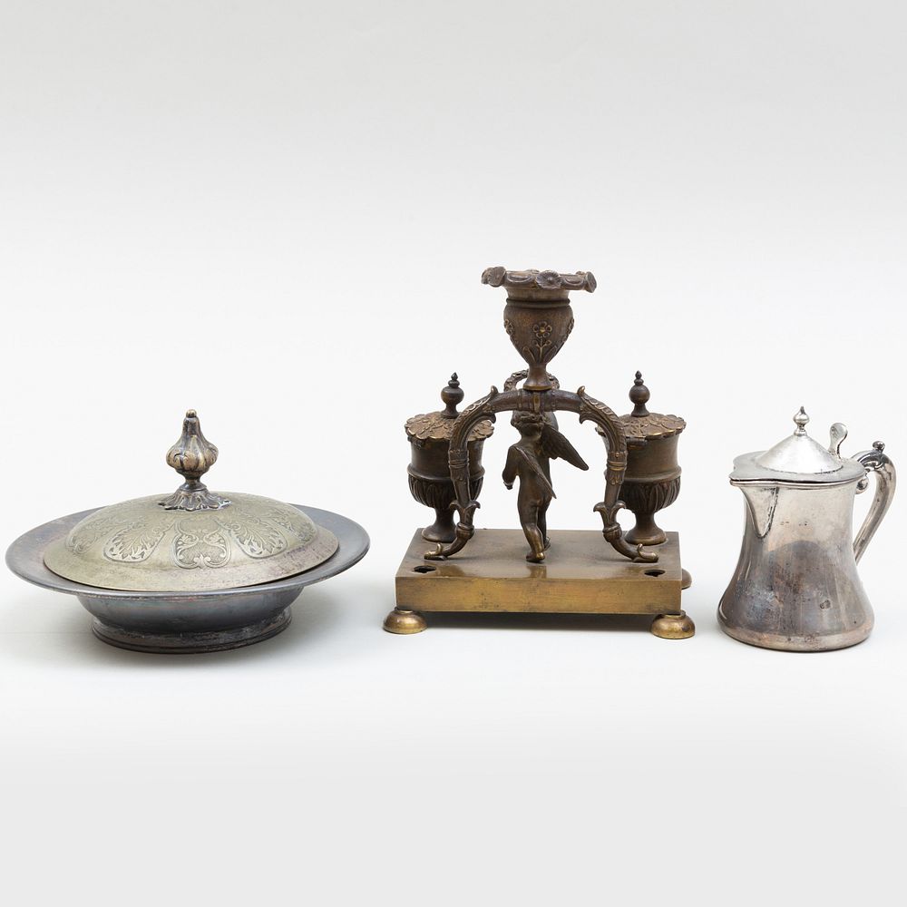 Appraisal: Group of Three Metal Table Articles Comprising A figural bronze