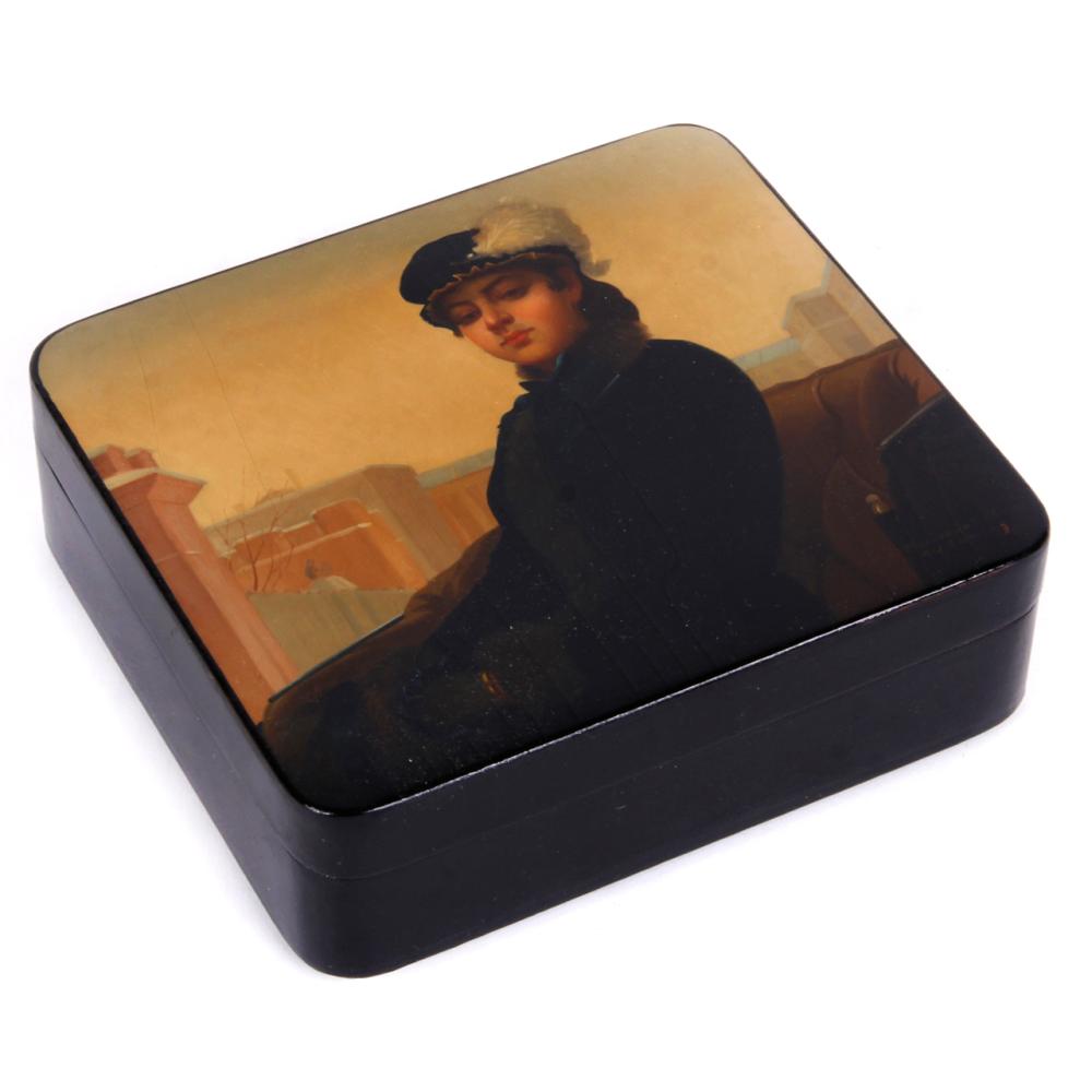 Appraisal: LARGE RUSSIAN LACQUER BOX HAND PAINTED AFTER IVAN KRAMSKOI'S PORTRAIT