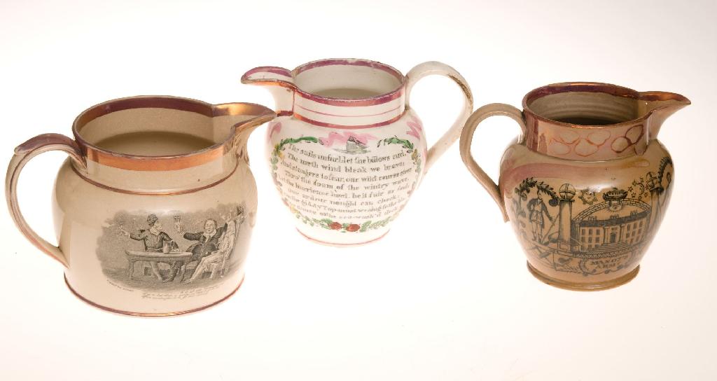 Appraisal: THREE SUNDERLAND PINK LUSTRE JUGS mid- th century the first